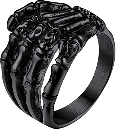 Richsteel Schwarz Ring für Herren Männer Gotik Skelet Fingerknochen Fingerring Punk Bandring mit Geschenkebox für Weihnachten Valentinstag