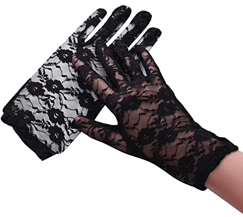ihreesy Kurz Spitzenhandschuhe Damen,2 Stücke Vintage Abendhandschuhe Frauen Brauthandschuh Sommer Spitze Fahrradhandschuhe Netzhandschuhe UV-schutz Handschuhe,Schwarz