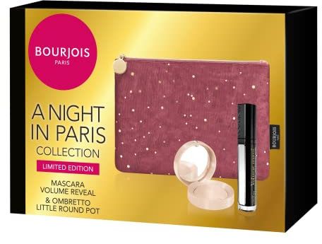 Bourjois, Geschenkbox für Damen A Night In Paris Collection Limited Edition, Geschenkset mit Tasche, Mascara Volume Reveal Ultra Black und Lidschatten Round Shade 01