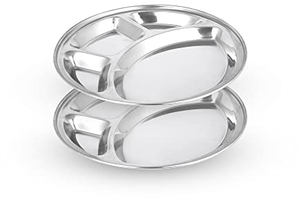 KSJONE 2er Set Edelstahl Unterteilte Teller Rund Thali Teller, 4 Fächer Thali, BPA Frei, Diät Lebensmittelkontrolle, Campinggerichte, kompakte Servierplatte, Essensnack, (30cm)