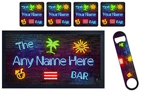 ShopQuality4U Personalise Cocktail Bar Runner Mat, optional: Matching Bottle Opener, Drinks Coasters, Gift Set | Beer Gifts Home Bar Accessories for Pub Bars Man Cave Him Her Gin Oclock