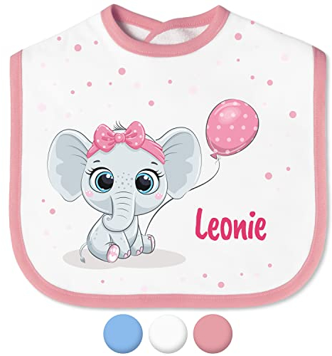 Babylätzchen mit Namen für Mädchen & Jungen – Lätzchen für Baby & Kleinkind personalisiert - mit Klettverschluss – Spucktuch Latz Kinderlätzchen - Geschenk für Kleinkinder (Elefant, Schleife, Rosa)