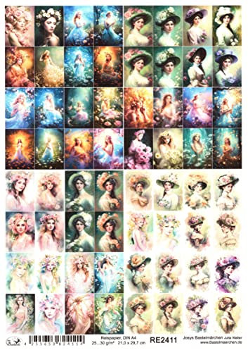 Josys Bastelmärchen Reispapier A4 Strohseide Mädchen Frau Portrait Malerei Vintage Blume Rose RE2411