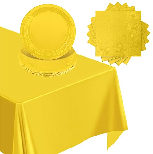 POPOYU 37 Pezzi Stoviglie in Carta per Feste di Compleanno Giallo,20 x Tovaglioli,16 x Piatti Piani di Carta,137x274cm la Tavola per Decorazioni Natalizie,Kit Festa Compleanno(16 Ospiti)
