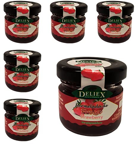 Deliex delicias de Extremadura. 30 Mermeladas pequeñas sabor fresa. Miniaturas de mermeladas en cristal 30 gr para detalles a invitados en bodas, comuniones, bautizos (Fresa, 30 Tarros)