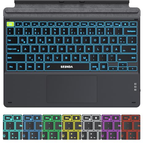 seenda Kabellose Tastatur für Surface pro 9, Beleuchtete Bluetooth Tastatur mit Touchpad für Surface Pro 8/Pro 9/Pro X, 7 farbige Hintergrund-Beleuchtung und 750mAh Akku, QWERTZ Layout, Schwarz/Grau