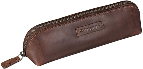 STILORD 'Alfons' Kleines Federmäppchen Erwachsene Leder Stiftetasche federtasche klein ledermäppchen Schlampermappe Etui Echtes Leder Federmappe klein, Farbe:sapelli - braun