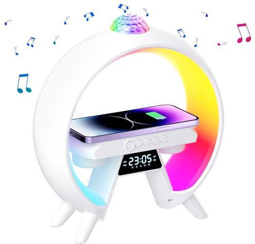 Skeadex Enceinte Bluetooth Reveil Veilleuse, Lampe De Chevet En Forme De G, Haut-Parleur Bluetooth Veilleuse Avec Chargeur Sans Fil Pour Chambre Cadeau Pour Enfant Femme, Anniversaire Noel (amélioré)