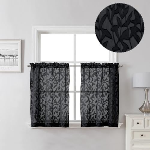 Lecloud Leia Schwarze Volants, durchsichtige Café-Vorhänge, 61 cm Länge, Jacquard-Struktur-Blätter, Voile, Küchengardine mit Doppelstangentaschen, Clip, Bauernhaus, Schlafzimmer, Wohnzimmer, Volant,