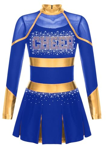 YOOJIA Cheerleading Kostüm Kinder Mädchen Langarm Tanzkleid mit Glitzer Cheer Leader Outfit Schulmädchen Kleider Sportkleid