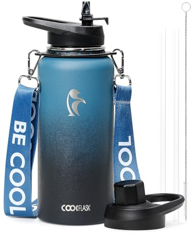 Coolflask 1l Insulated Water Bottle Stainless Steel with Strap | Metal Water Flask with Straw & Spout Lids, Triple-Wall, Cold 48+h, Dishwasher Safe, Leakproof, BPA-Free, for Gym & Hiking