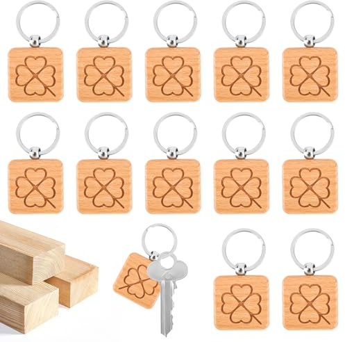 AILUYA 12 Stück Schlüsselanhänger Holz, Schlüsselanhänger mit Gravur Kleeblatt, Quadratischer Glücksbringer, Holzanhänger mit Ring für Bemalen Schlüssel Handtasche Geldbörse Geschenk