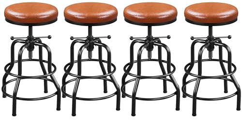 Yaheetech Lot de 4 Tabouret de Bar Industriel en Similicuir Tabouret Haut Rond Réglable en Hauteur avec Deux Repose-Pieds Chaise de Cuisine avec Cadre en Métal pour Cuisine Restaurant Marron Clair