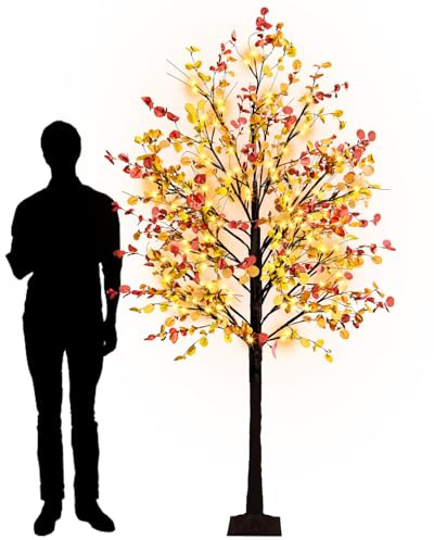 Ruidazon Eucalyptus lumineux d'automne de 2,4 m avec 160 lumières DEL – Grand arbre artificiel lumineux pour intérieur et extérieur – Décoration de Noël