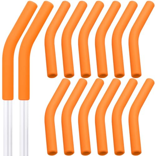 HINZIC 12Pcs Metal Straw Silicone Tips 5/16 inch Wide(8mm Outer Diameter) Food Grade Rubber Straw Covers Orange Flex Elbow Hydraflow Straw Replacement Tip for Stainless Steel Metal Straws