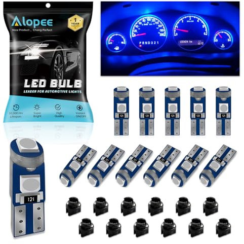 Alopee Lot de 12 Ampoule T5 Led Bleu avec Douille 12V 20Lumens 3SMD 3030 - Auto Ampoule Tableau de Bord, Compatible W1.2W 2721 2723 74 37 286 PC74 PC37