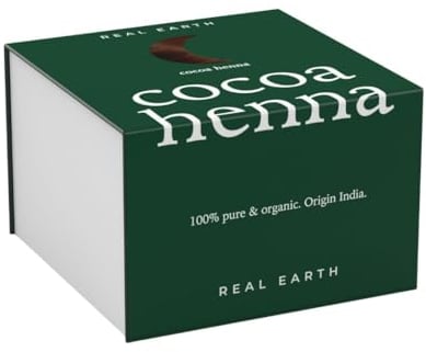 Real Earth - Cocoa Henna - Tinte de Henna - 100% orgánica y natural - Barros para teñir el pelo - Cabellos castaño medio - Coloración Natural - Cosmética ayurvédica - Vegana - Sin amoniacos - 250gr