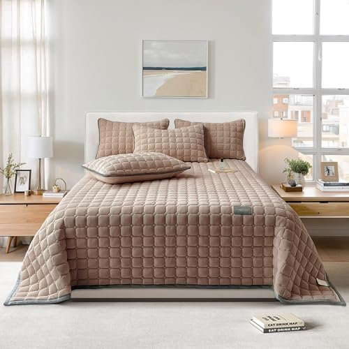 OKYUK Luxus-Samt-Bettwäsche-Set, Tagesdecke, Stepp-Bettwäsche, mit 2 passenden Kissenbezügen, für alle Jahreszeiten (Kaffee, 230 * 250CM)
