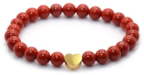 Echtes Roter Jaspis Edelstein Armband mit 6mm Perlen und Edelstahlherz - verschiedene Längen - Heilstein Schutzstein Talisman Glücksbringer Geschenk (Roter Jaspis, 20CM)
