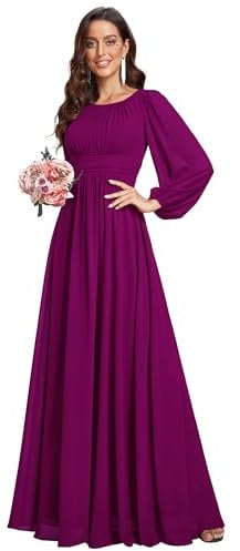 Ever-Pretty Robe Demoiselle d'honneur Femme Longue Manches Longues Col Rond Mousseline Chic Rouge-Violet 50