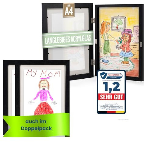 KIYARI Bilderrahmen Kinderzeichnungen A4, 2 Set Schwarz Aufklappbar & Frontöffnung, für bis zu 150 Zeichnungen, Robustes Holz & bruchsicheres Glas, Ideal für Kunstprojekte, Kinderzimmer & Schule