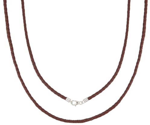 Beebeecraft 2Pcs Braided Leather Necklace Brown Genuine 3mm Leather Cord Round Necklace with 925 Sterling Silver Lobster Clasp 16In