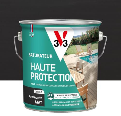 V33 Saturateur bois extérieur Anthracite mat - Pour terrasses et mobilier de jardin - Haute résistance eau chlorée, UV et graisse - Sans essuyage et non glissant - Résine d'origine végétale - 2,5L