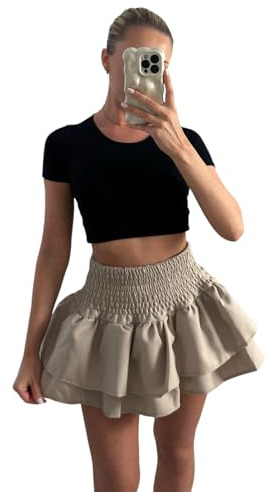 Stylish Doll Mini jupe Rara à volants pour femme - Short taille haute uni - Imprimé tartan à carreaux - Plissé - Rassemblement décontracté - Mini jupes pour femme - 34-42, beige, 36