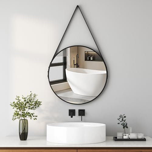 Wandspiegel Rund Spiegel mit Riemen, Ø 40 cm, Moderner Spiegel mit Schwarz Metallrahmen für Badezimmer, Wohnzimmer, Schlafzimmer, Eingang Wanddekoration