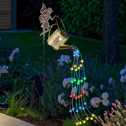 Gießkannenlicht Lichter mit Schäferhaken, LED Solar Gießkanne Lichterkette Aussen, Solarlampen für Außen Garten Wasserdicht, Vintage Lichterkette für Hofweg Balkon Terrasse Garten Deko(Farbiges Licht)
