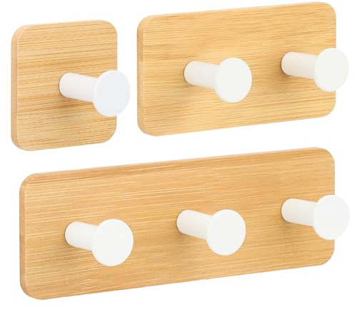 Segus Patere Adhesive, 3 Piezas Crochet Adhésif Bambou, Sans Percer, Crochet Adhesif Mural Blanc pour Ceinture, Clés, Parapluies, Vêtements