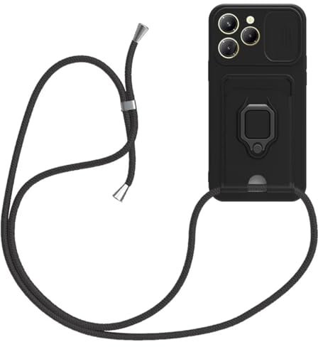 xinyunew Cordon de Coque pour Infinix Hot 40/Infinix Hot 40 Pro,Couvercle Coulissant de la Caméra+Support Annulaire à 360 Degrés,Fentes pour Cartes Lanyard Silicone Case Noir