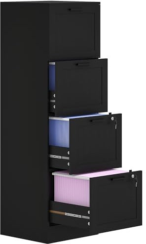 HOMCOM Cassettiera Portadocumenti a 4 Cassetti con Binario Regolabile, 2 Chiavi e 2 Serrature, Mobiletto da Ufficio in MDF Adatto a Cartelle di Formato A4 e Formato Lettera, 40x40x131 cm, Nero