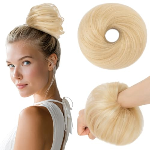 Benehair Echthaar Scrunchies Hochsteckfrisur, Echthaar Haargummi Hochsteckfrisuren, 25g Echte Haare Gerade Dutt, Haarverlängerung Haardutt Rose Dutt für Frauen, Platinblond #60R