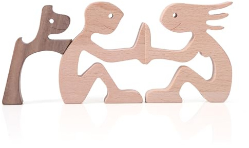 BOXOB 3 Stück Hund Familie Figuren aus Holz, Hund Andenken Geschenke Holz Skulptur Haustier Statuen für Paar Zuhause Dekor Verlust