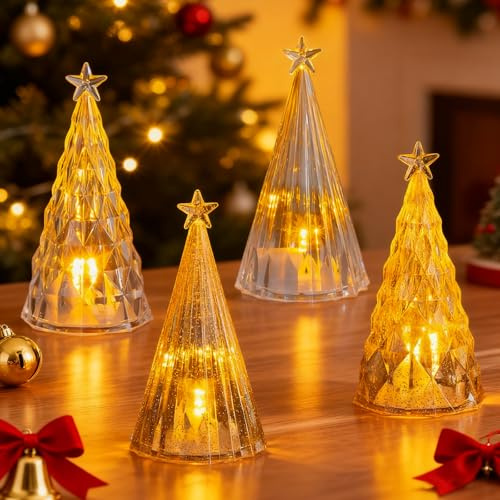GAROMIA Weihnachtsdeko 4 Stück Weihnachten Teelichter LED Beleuchtung Kristall Weihnachtsbaum Weihnachtsdeko Teelichter Flammenlose Kerzen Batteriebetrieben Weihnachten Deko Weihnachten Tischdeko