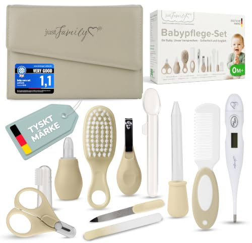 TPFFamily Baby Pflegeset Neugeborene (Beige) – 11-teiliges Newborn Baby Set mit hochwertiger Baby Nagelschere, Fieberthermometer, Bürste und mehr – Ideal als Erstausstattung für Neugeborene
