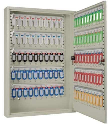 Hausen Lockable Key Cabinet 100 Keys Heavy Duty Steel Key Storage Box with 100 Key Tags, Secure Lockable Wall Mounted Key Safe
