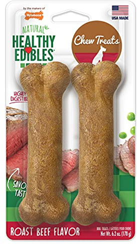Nylabone Healthy Edibles Wolf Roast Beef Flavored Twin Pack Dog Treat Bone | Natural dog chews, made in USA, highly digestible, vet recommended, long lasting, dog treats for medium dogs up to 35 lbs