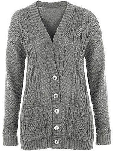 New Womens Everyday Long Sleeve Button Top Ladies Chunky Aran Cable Knit Grandad Cardigan Light Grey Size 12 14