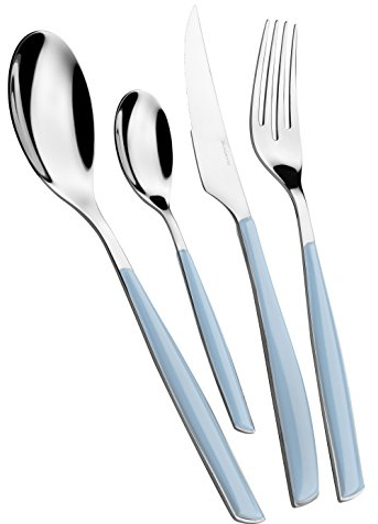 BUGATTI, Glamour, Juego de cubiertos de 24 piezas en acero inoxidable 18/10 y mango AZUL CIELO. Juego de cubiertos para 6 personas compuesto por 6 cucharas, 6 tenedores, 6 cuchillos y 6 cucharas de café