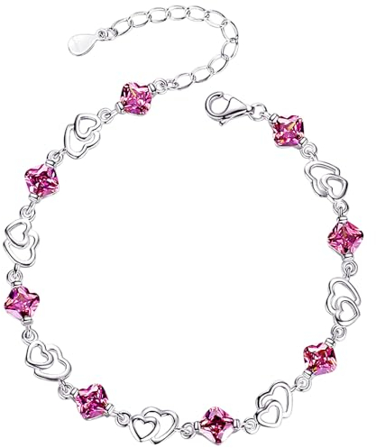 findout améthyste rouge bleu blanc coeur de cristal Bracelet argent rose, pour les femmes les filles.