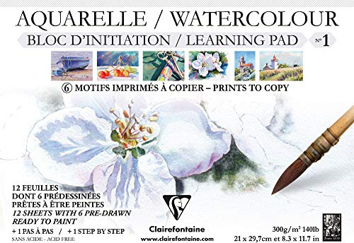 Clairefontaine 96098C Aquarellblock (mit Vordruck, verleimt, 12 Blätter, 300 g, DIN A4, 21 x 29,7 cm, 100% Zellulose, geeignet für Anfänger) weiß