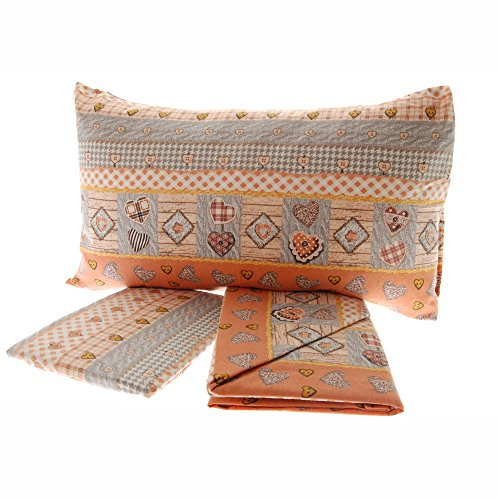 Completo Lenzuola in Flanella 1 Piazza Letto Singolo Cuori Geometrico Varie Fantasie (Shabby Cuori Arancio)