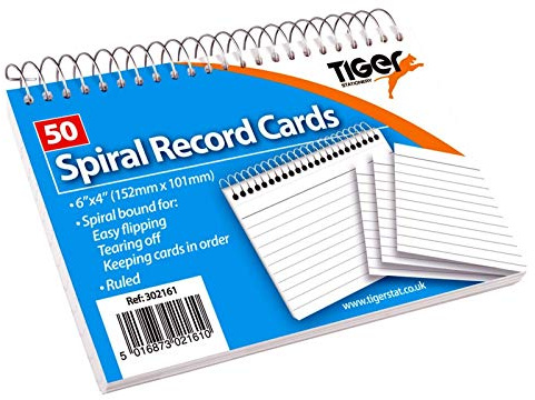Tiger Stationery Spiral Record Cards 6 x 4 - WHITE