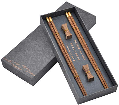 Wooden Chopsticks Reusable with Case, Chinese Chopsticks Set with Holder 2 Pair (Wenge)
