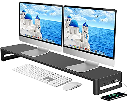 VAYDEER Soporte de Monitor de Doble Monitor con 4 Puertos de Hub USB, Soporte de Soporte de Monitor de Aluminio a 2 Monitores, Metal, hasta 32 Pulgadas para PC, Computadora Portátil - Negro