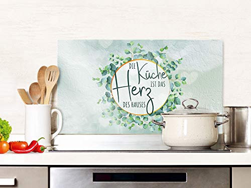 GRAZDesign Spritzschutz Küche Glas Spruch Die Küche ist das Herz des Hauses, Küchenrückwand Glas für Herd und Spüle, Rückwand Küche Glasplatte mit Motiv, 80x60cm