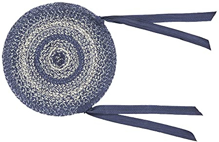 VHC Brands Great Falls Blue Round Seat Cushion Chair Pad, Blue White, Jute Blend with Ties, 15x15 Inches