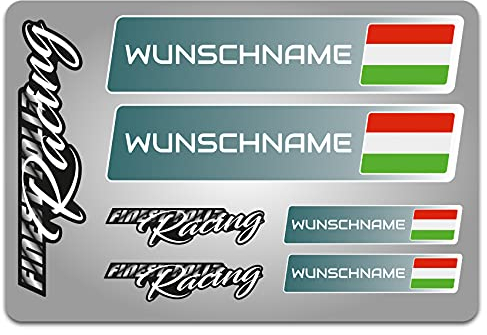 4er Set Aufkleber mit Fahne Flagge und wahlweise Name Sticker für Auto Fahrrad Motorrad Roller Helm im Rallye Racing Design R156 (32 Ungarn, Mit Wunschname)
